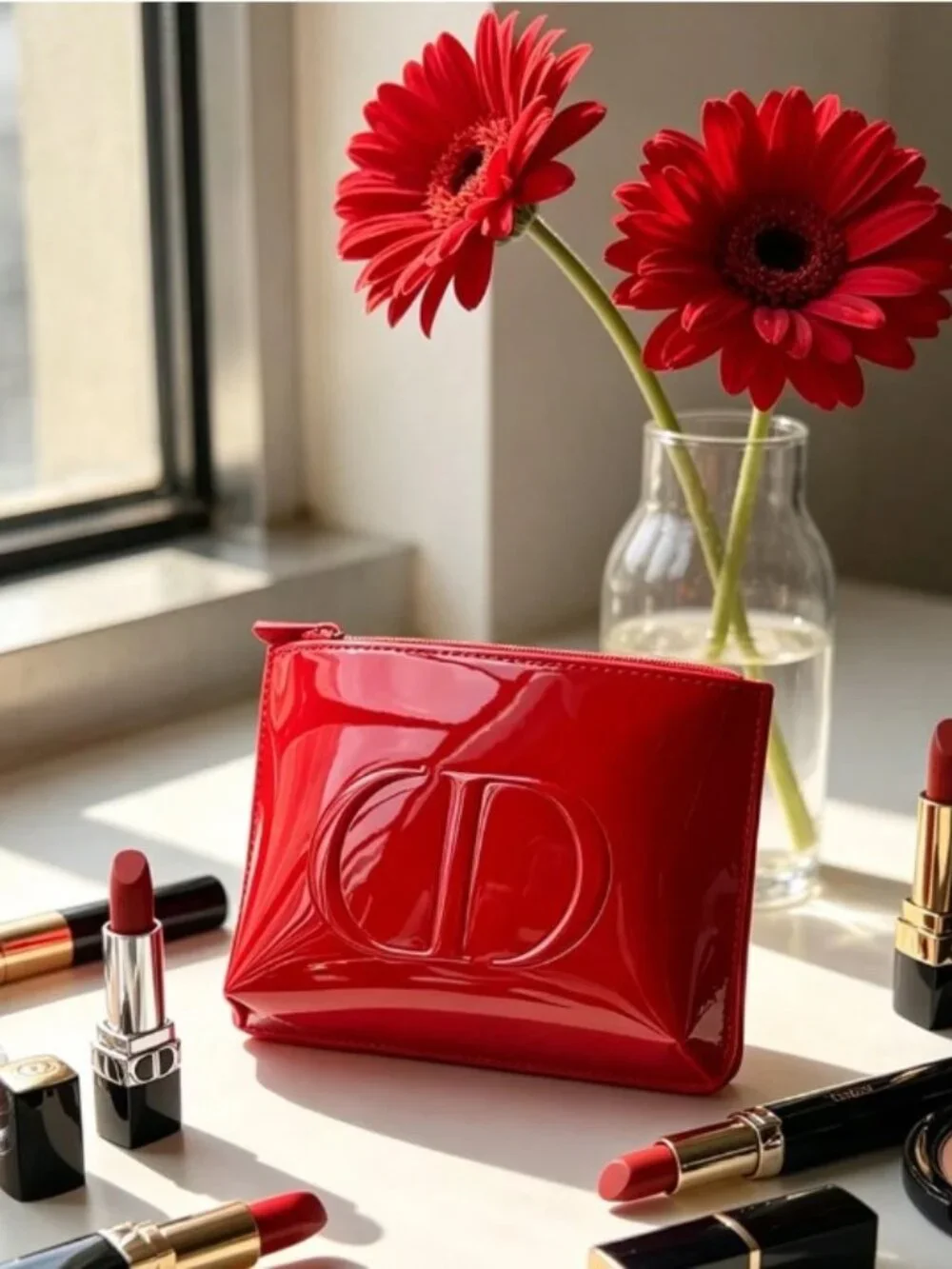 DIOR RED Glossy Patent Leather Like Cosmetic Makeup Bag Pouch Case New Authentic
